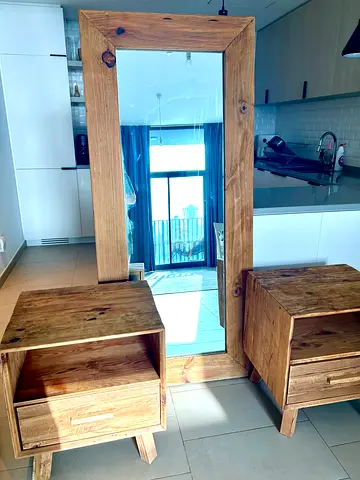 Rustic Wooden Mirror and Side Cabinets