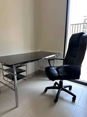 Black Leather Office Chair with Modern Metal Glass Desk - Good Condition