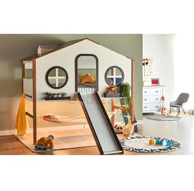 Trevor Playhouse Bed with Slide — White Wooden Kids Bed (mattress included)