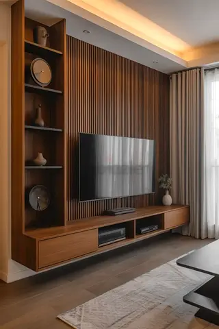Modern Wall-Mounted TV Entertainment Unit with Shelving - Solid Wood Finish