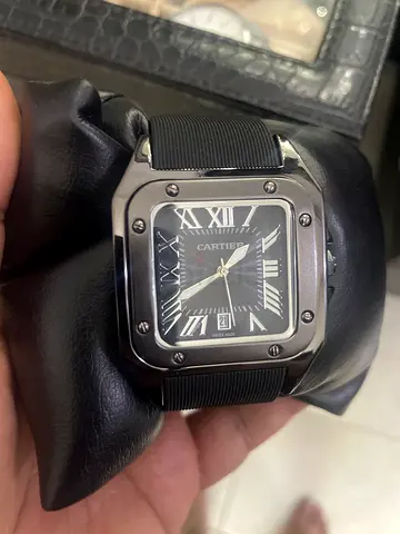 Cartier-style mens square black dial wristwatch