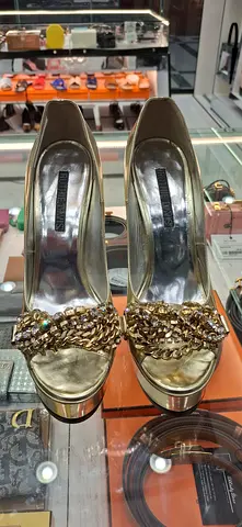 Ruthie Davis Metallic Gold Wedges with Crystal Chain Detail