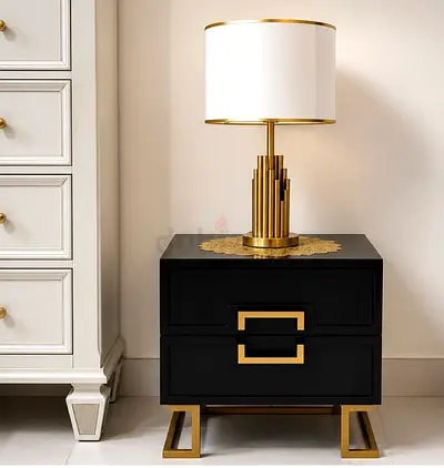 2 Pcs Modern Black Nightstand with Gold Accents - 2 Drawers