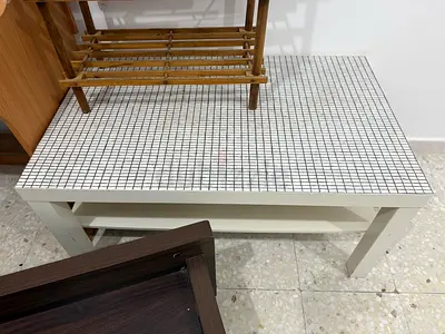 White Wooden Coffee Table with Lower Shelf and Mosaic Top