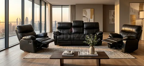 Black Leather 3-Seater Recliner Sofa with 2 Matching Recliner Chairs - Good Condition