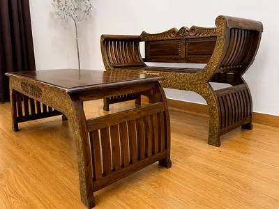 Antique Solid Wood Sofa With Coffee Table