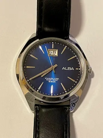 Alba mens wristwatch - blue dial, leather strap, date display