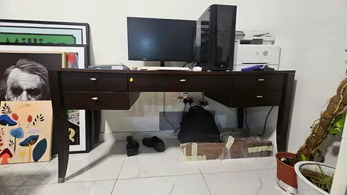 Dark Wood Office Desk with Drawers and power box - Good Condition