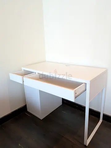 White Desk with Drawers and  - Compact Study Table, Hole for Cables, 105x50cm
