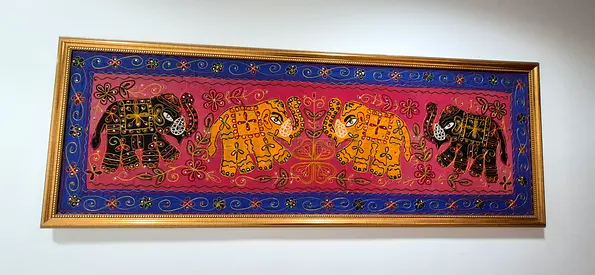 Golden Framed wall home decor of  hand made four elephants colorful  display on cloth