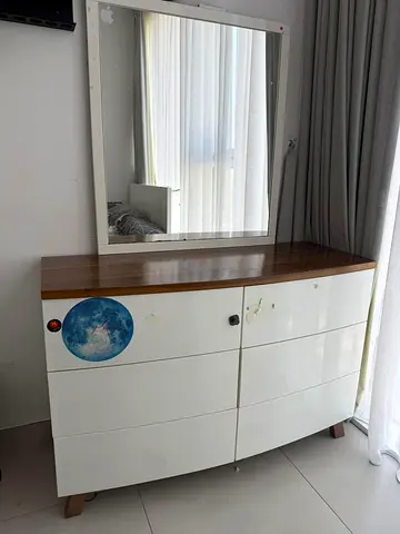 Pan Emirates White Gloss Dresser with Wood Top and Mirror - 6 Drawers