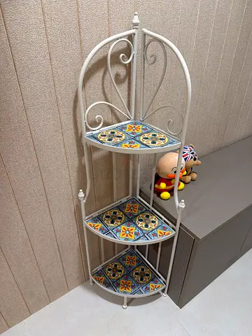 White Metal Corner Shelf with Decorative Tile Insets - 3 Tier