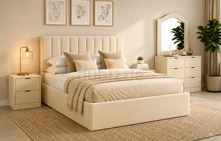 Beige upholstered queen bed with matching nightstands and dresser - complete bedroom set