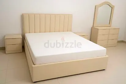 Beige Upholstered KING FAMILY Bed with Headboard, 2 Nightstands  Dresser with Mirror Full Set New