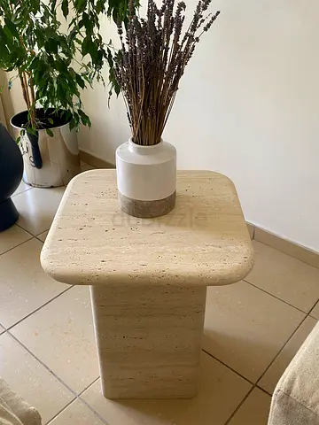 HomeKode Brynn Square Top with Rounded Corners Travertine Side Table (50CM x 50CM x 60CM)