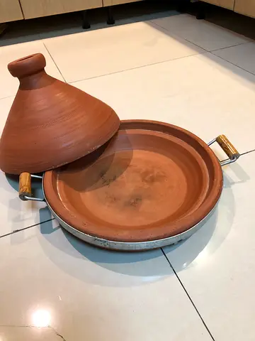 Traditional Clay Tagine Pot with Metal Base and Lid - Good Condition