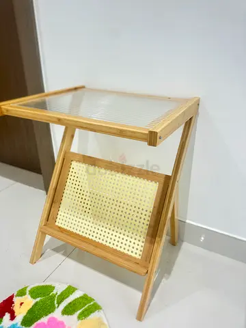 Small Bamboo Side Table with Cane Shelf and Glass Top