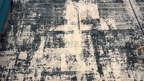 2 Used modern abstract area rug — grey, blue, and cream, 2.5m x 3.5m