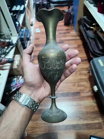 Vintage Hand-Engraved Brass Decorative Vase — Tall Pedestal Urn