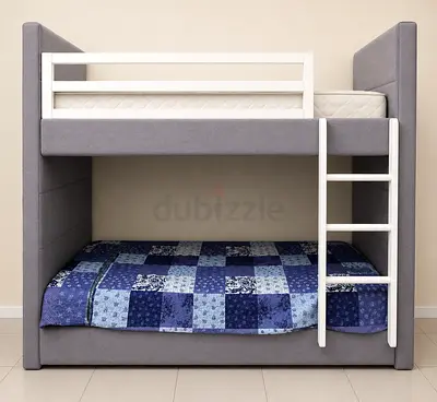 Compact Grey Upholstered Bunk Bed with Ladder - Twin over Full