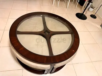 Round Glass Top Coffee Table with 4 Pull-Out Stools - Dark Wood