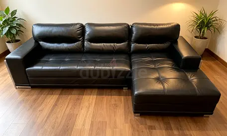 Black Leather Corner Sofa with Chaise - Good Condition