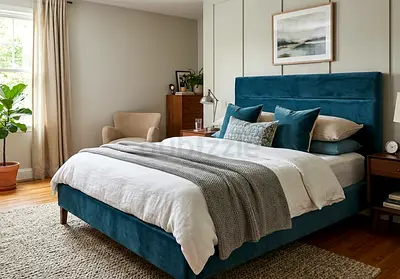 Blue Upholstered Bed Frame with Headboard - King Brand New