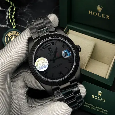 Rolex Day-Date style blacked-out watch with box