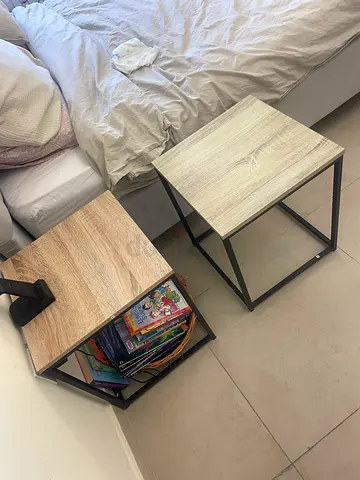 Simple wood and black metal bedside tables with open shelf x2