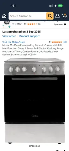 Midea 60cm Freestanding Electric Cooker - 65L Oven, Stainless Steel