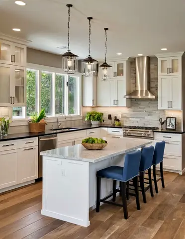 Modern white kitchen with central island and seating