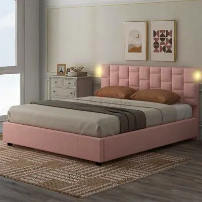 Pink Upholstered Double Bed Frame with Padded Headboard