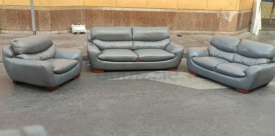 3-Piece Grey Leather Sofa Set — 3 Seater + 2 Single Chairs, Good Condition