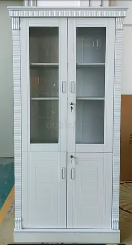 White Wooden Display Cabinet with Glass Doors - 4 Shelves, Lockable