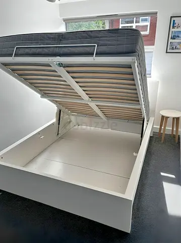 Ikea Queen White Hydraulic Malm bed frame with Ikea Mattress