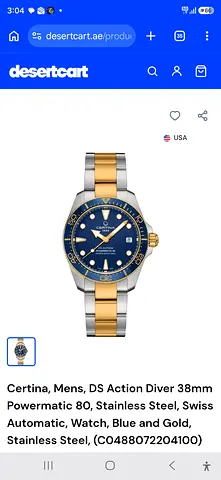 Certina, Mens, DS Action Diver 38mm Powermatic 80, Stainless Steel, Swiss Automatic, Watch, Blue dia