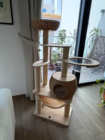 Large multi-level cat tree with sisal posts and cozy hideaway