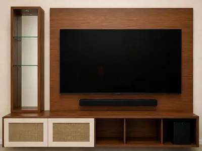 TV UNIT , with mounted entertainment center with display cabinet and storage units