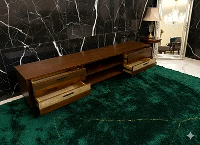 Low wooden TV console with storage drawers - solid dark wood finish