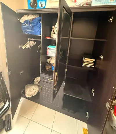 Dark wood Bed with mattress, Dark Wood 3-Door Wardrobe / one night stand – Good Condition