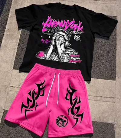 Black New York Graphic Tee with Pink Tribal Shorts Set - Unisex Casual