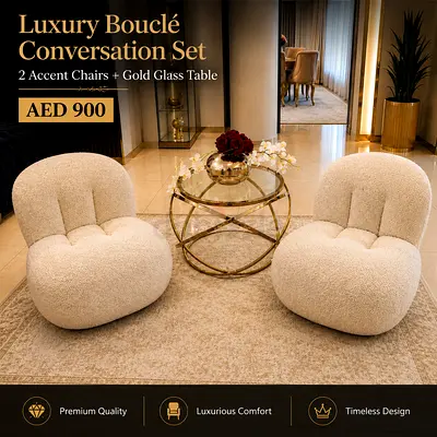 Luxury Bouclé Conversation Set — 2 Accent Chairs + Gold Glass Table