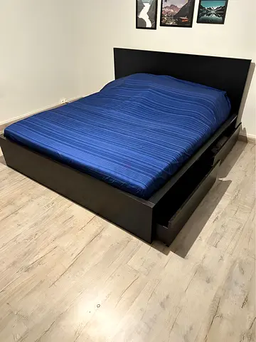 IKEA black double bed frame with mattress