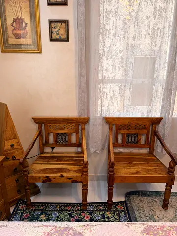 Pair of Solid Wood Carved Armchairs - Rustic/Traditional