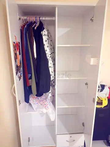 White 3-Door Wardrobe with Shelves and Drawer - Good Condition