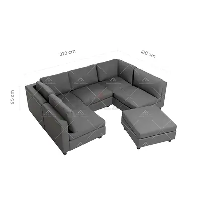 L-shaped Modular Corner Sofa with Ottoman - Grey