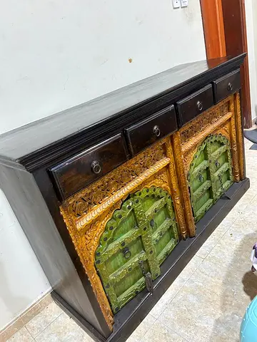 Solid Wood Carved Sideboard with Vintage Green Doors