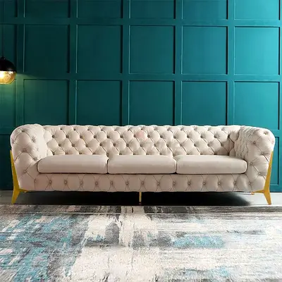 Beige Tufted 3-Seater Chesterfield Sofa with Gold Legs