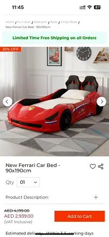 Red Ferrari-style Kids Car Bed - Single 90x190cm
