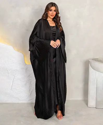 Black Pleated Abaya with Satin Inner Dress - Size Medium